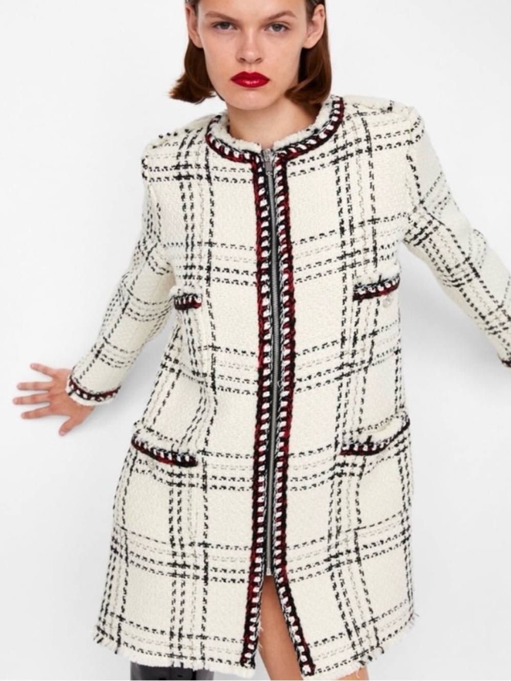 Zara Woman Tweed Bouclé Coat Jacket XS Cream Plaid Chanel Style Fringe Trim Long
